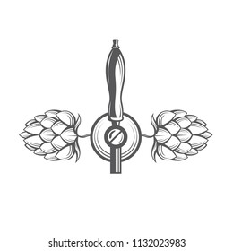 black illustration of beer tap and hops for brewing