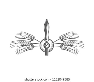 black illustration of beer tap and wheat ears for brewing