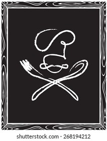 black illustration of billboard with spoon, fork and chef