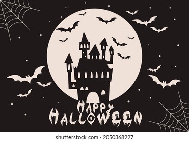 Black illustration with caslte and bats. Vector banner or flyer with "Happy Halloween" wish.