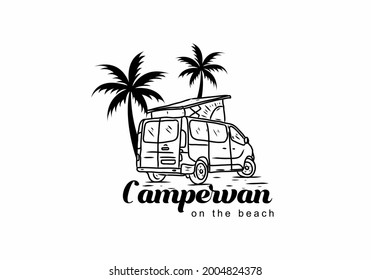 Black illustration drawing of campervan on the beach design