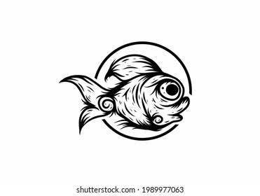 Black illustration drawing of fish in circle design