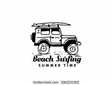 Black illustration drawing of off road car and surfing board design
