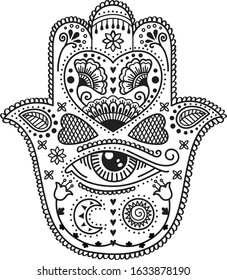 Black illustration of Hamsa with boho pattern. Sketch of tattoo