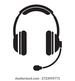 Ilustración negra de un auricular con micrófono sobre fondo blanco para Servicio al cliente o juegos