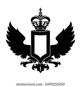 Black Illustration of heraldic coat of arms with black wings and crown