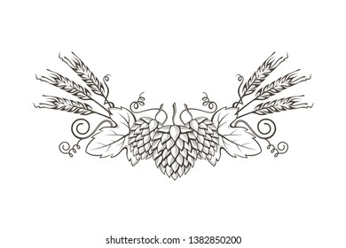 black illustration of hop and barley for brewing isolated on white background