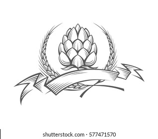 black illustration of hop and barley ear for brewing