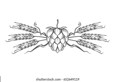 black illustration of hop and barley ear for brewing