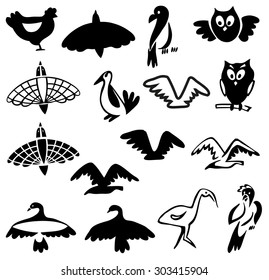 black illustration on white background stylized birds of different species