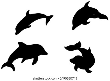 Black illustration pattern of watercolor swimming dolphins isolated on white background