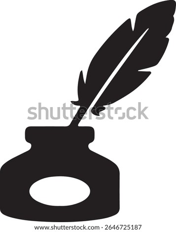 Black illustration of a quill pen and inkwell. This simple icon could represent writing, history, or literature-related content.