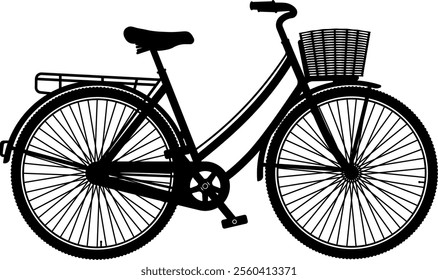 black illustration of a retro bicycle with a basket without background