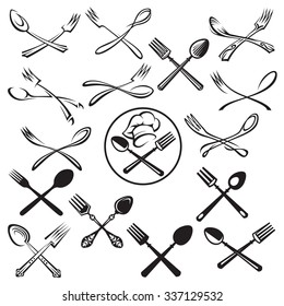 black illustration of spoon, fork and chef hat