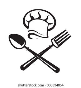 black illustration of spoon, fork and chef hat