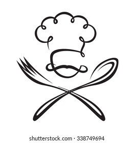 black illustration of spoon, fork and chef