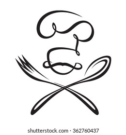 black illustration of spoon, fork and chef