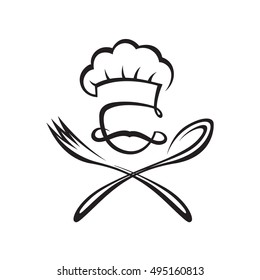 black illustration of spoon, fork and chef