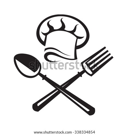 black illustration of spoon, fork and chef hat