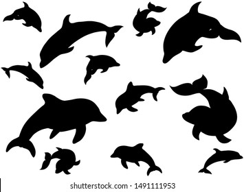 Black illustration vector pattern of swimming dophins isolated on white background for print
