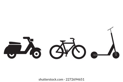 Black illustrations of bycicle, motorcycle and scooter on a white background