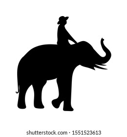 black image elephant Asia with Elephant mahout walking, graphics design vector outline Illustration isolated on white background