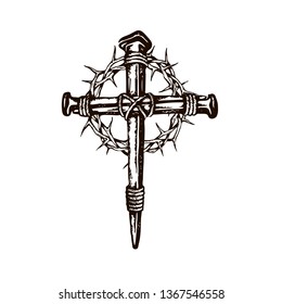 black image of jesus nail cross with thorn crown isolated on white background 
