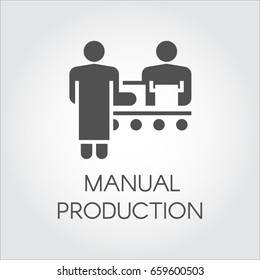 Black image of manual production concept. Simple icon of people working on conveyor at factory. Pictograph in flat style for your design needs. Vector illustation