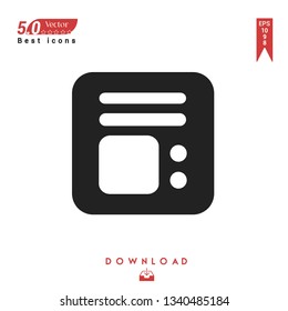 black image-and-text-document icon vector isolated on white background. Graphic design, material design, 2019 year best selling icons, mobile application, UI / UX design, EPS 10 format vector