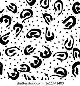 Black Imitation Jaguar Spots Vector Seamless Pattern. Black Wool Savannah Cheetah Background. Aquarelle Savannah Banner. Organic Pencil Animal Camouflage Banner.
