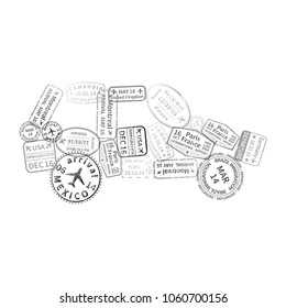 A lot of black immigration stamps arranged in car shape isolated on white
