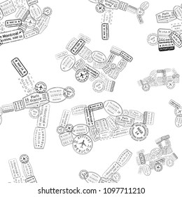 A lot of black immigration stamps arranged in car, plane, ship and train shape on white paper, seamless pattern