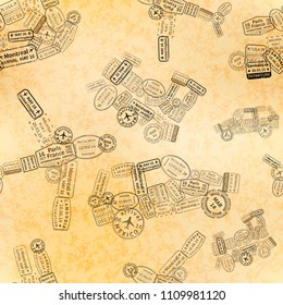 A lot of black immigration stamps arranged in car, plane, ship and train shape on old paper, seamless pattern