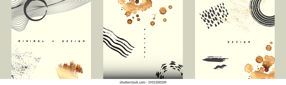 Black inc and gold paint stains in contemporary template collection. Abstact art design set. Hand painted minimalistic composition. Cover, card, poster and banner modern design.