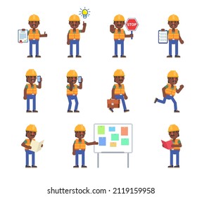 Black or indian construction worker in various situations. Cheerful builder holding document, stop sign, reading book, talking on phone and showing other actions. Modern vector illustration
