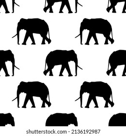 Black indian elephant silhouette isolated on white vector seamless pattern design. Wildlife elefant with tusks and trunk.  Elephant silhouette endless pattern.