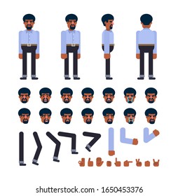 Black or indian man in light blue shirt and dark pants creation kit. Create your own pose, animation. Flat design vector illustration