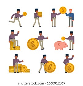 Black or indian man posing with big golden coins. Business man holding big coin, saving money, running and showing other actions. Flat design vector illustration