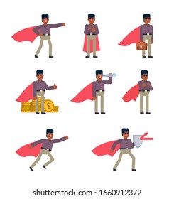 Black or indian man in red superhero cloak showing various actions. Business man holding shield, spyglass, flying and showing other actions. Flat design vector illustration