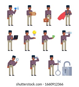 Black or indian man showing various actions. Business man holding loudspeaker, parcel box, laptop, spyglass, pointing to idea and showing other actions. Flat design vector illustration