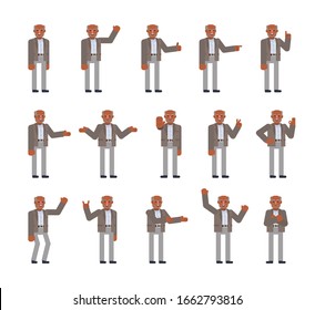 Black or indian old man showing various hand gestures set. Old man pointing, greeting, showing thumb up, victory sign and other gestures. Flat design vector illustration