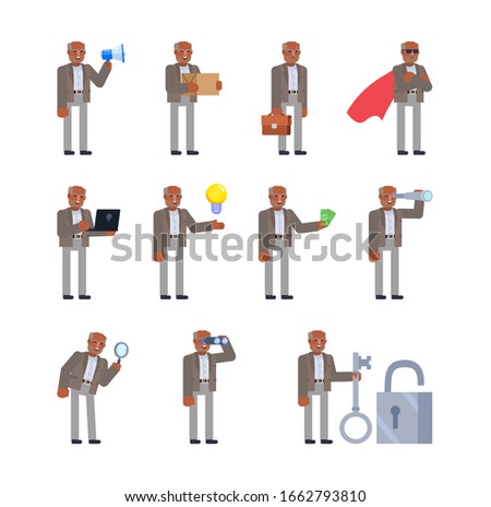 Black or indian old man showing various actions set. Old businessman holding loudspeaker, parcel box, spyglass, laptop, pointing to idea and showing other actions. Flat design vector illustration