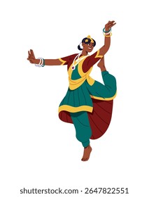 Black Indian woman in ethnic clothes dances. National dancer of India performs, moves hands and legs. Performer in traditional sari shows. Flat isolated vector illustration on white background