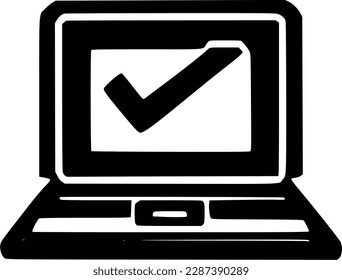 black individual laptop with check mark line icon, simple successful system procedure flat design pictogram, infographic vector for app logo web button ui ux interface component isolate on white