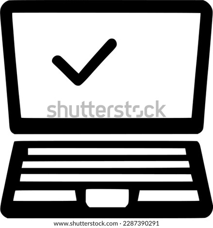 black individual laptop with check mark line icon, simple successful system procedure flat design pictogram, infographic vector for app logo web button ui ux interface component isolate on white