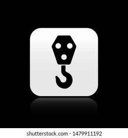 Black Industrial hook icon isolated on black background. Crane hook icon. Square button vector Illustration