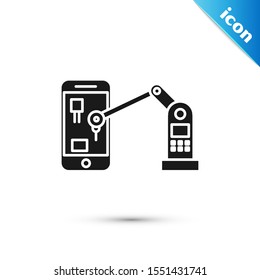 Black Industrial machine robotic robot arm hand on mobile phone factory icon isolated on white background. Industrial robot manipulator.  Vector Illustration