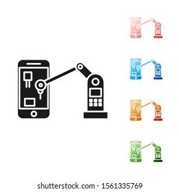 Black Industrial machine robotic robot arm hand on mobile phone factory icon isolated on white background. Industrial robot manipulator. Set icons colorful. Vector Illustration