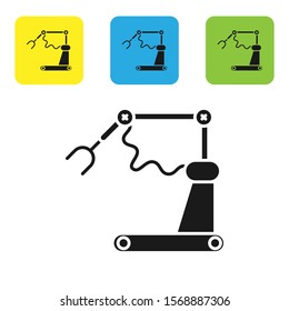 Black Industrial machine robotic robot arm hand factory icon isolated on white background. Industrial robot manipulator. Set icons colorful square buttons. Vector Illustration
