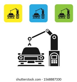 Black Industrial machine robotic robot arm hand on car factory icon isolated on white background. Industrial automation production automobile. Set icons colorful square buttons. Vector Illustration